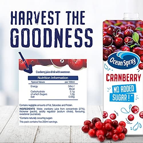 Ocean Spray Cranberry Juice - No Added Sugar, 1L Carton (12-Pack)