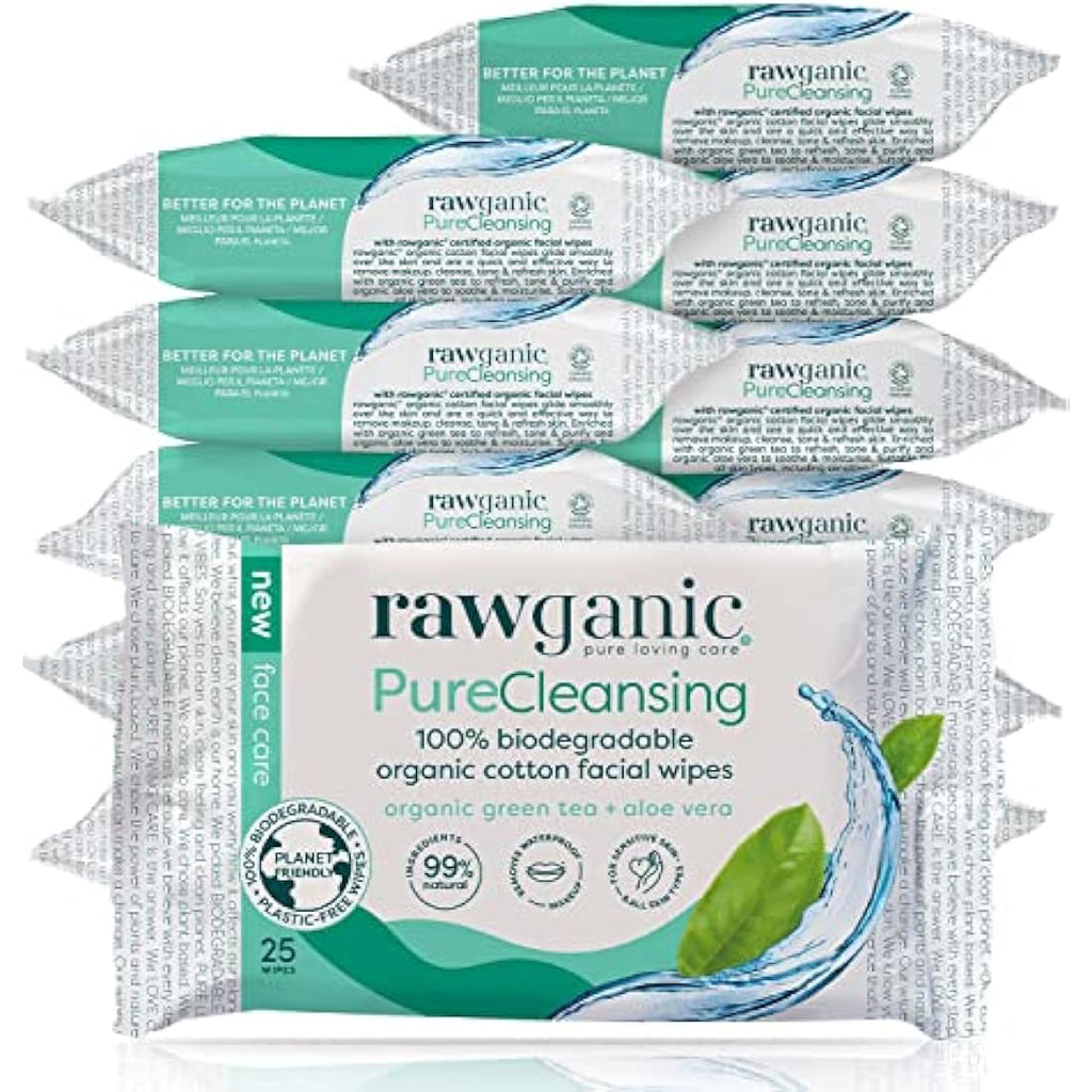 Rawganic Organic Cotton Facial Wipes – Aloe & Green Tea – 12 Packs