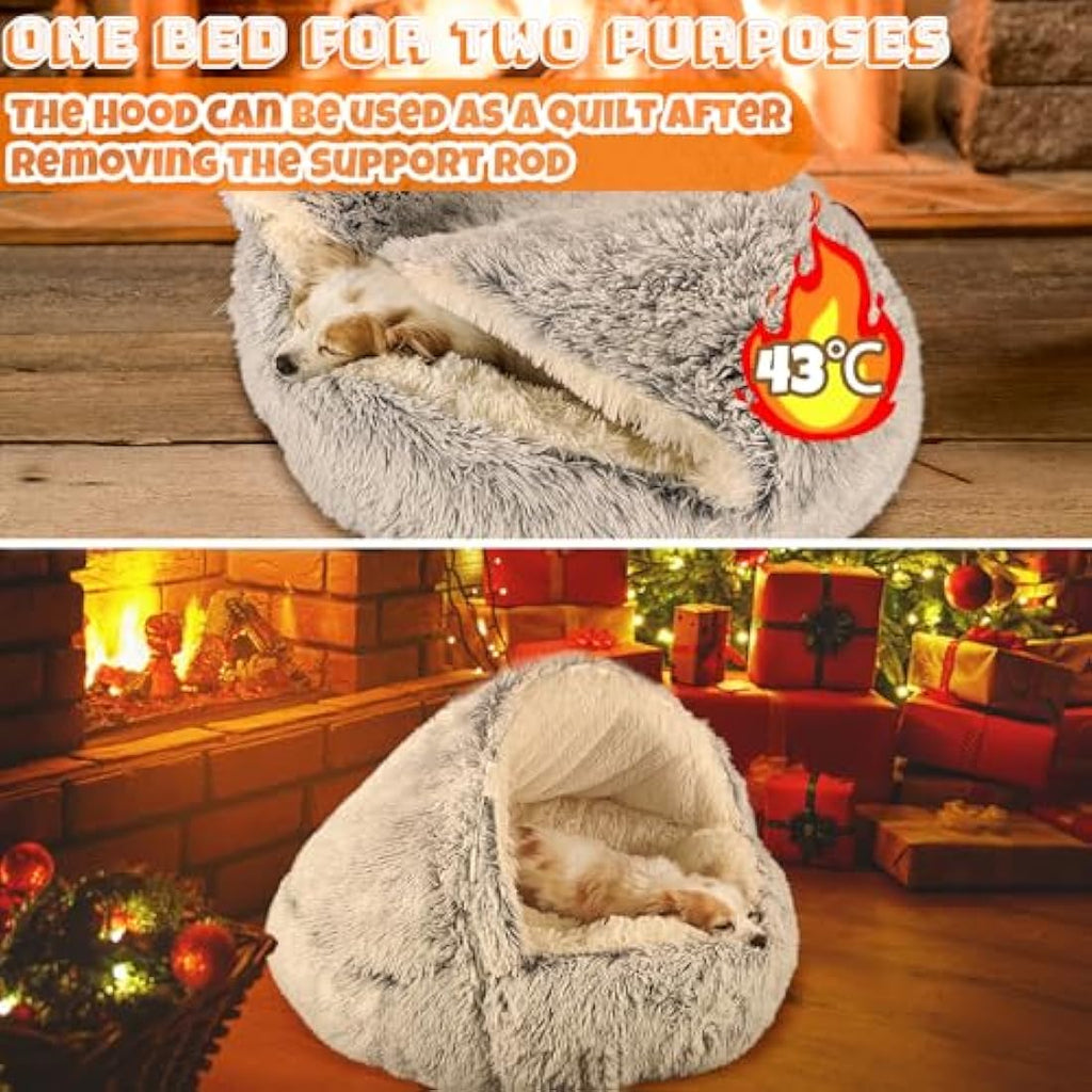 SUOXU Hooded Cave Dog Bed – Plush Calming Donut Pet Bed with Support Rods