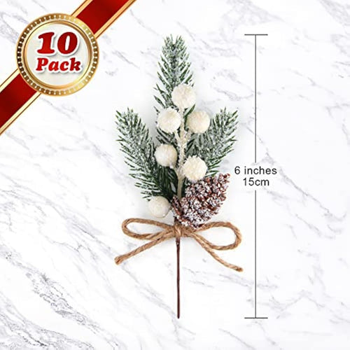 Jolof Store 10 Pcs Artificial Pine Branches with White Berries & Cones