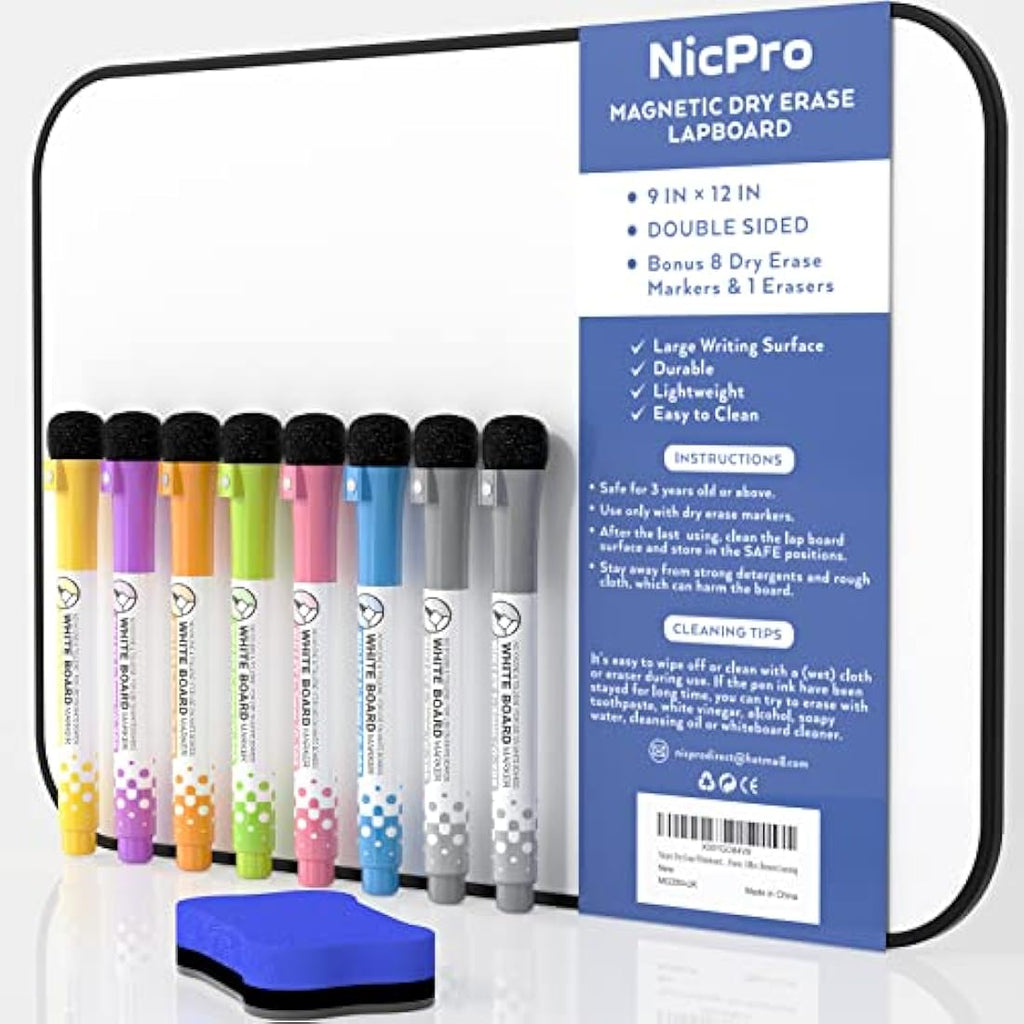 Nicpro Magnetic Dry Erase Whiteboard A4 | Double Sided Board with 8 Pens