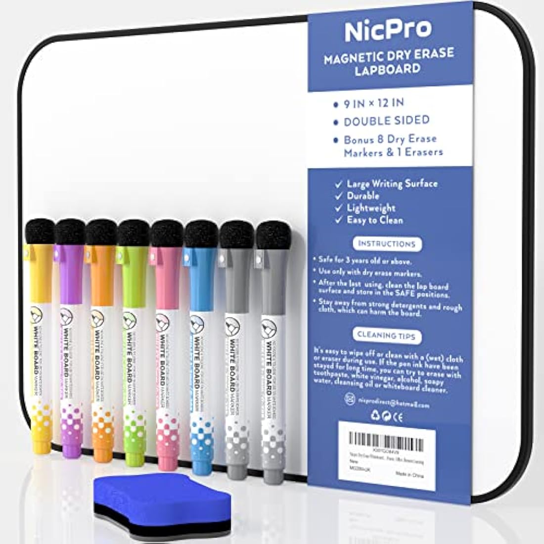 Nicpro Magnetic Dry Erase Whiteboard A4 | Double Sided Board with 8 Pens