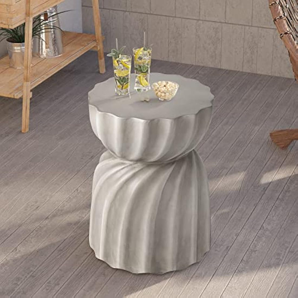 HOMPUS Concrete Garden Stool – Round Petal Outdoor Side Table, Natural Grey