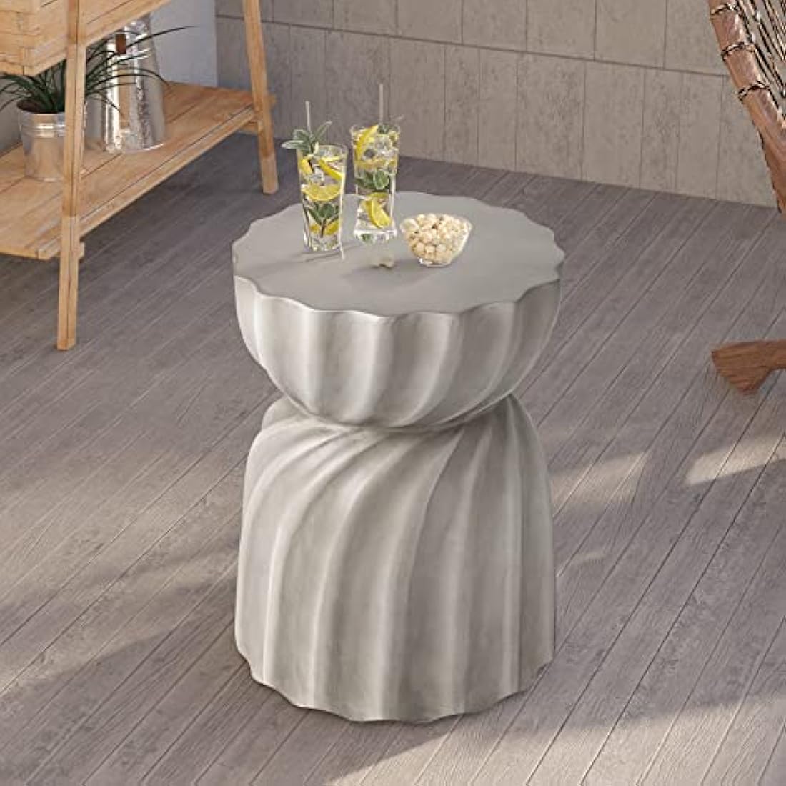 HOMPUS Concrete Garden Stool – Round Petal Outdoor Side Table, Natural Grey