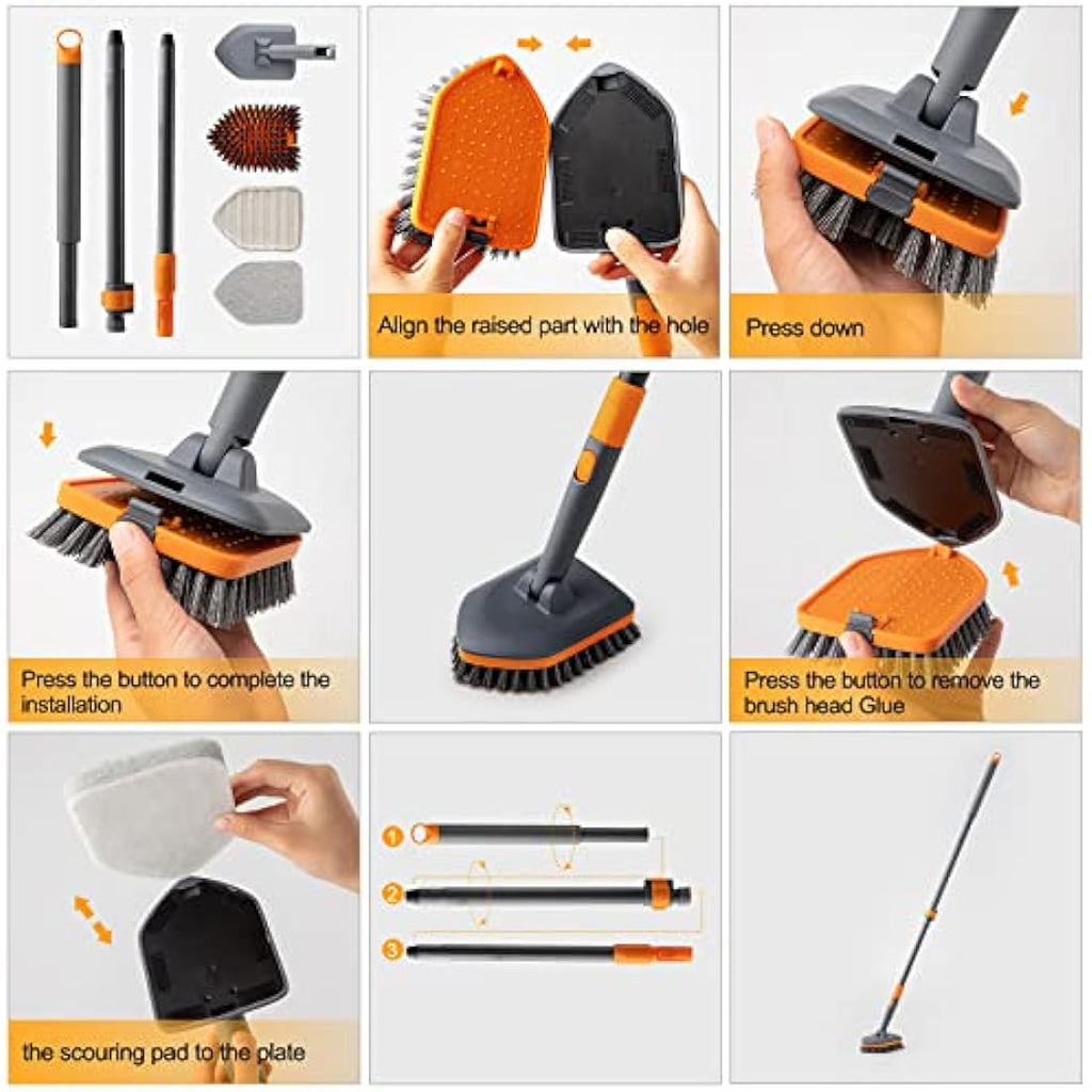 CLEANHOME 4-in-1 Shower Scrubber | Long Handle Tub and Tile Cleaning Brush