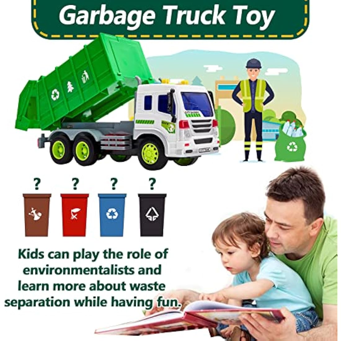 HERSITY Garbage Truck Toy with Lights and Sounds – 1/16 Scale Bin Lorry