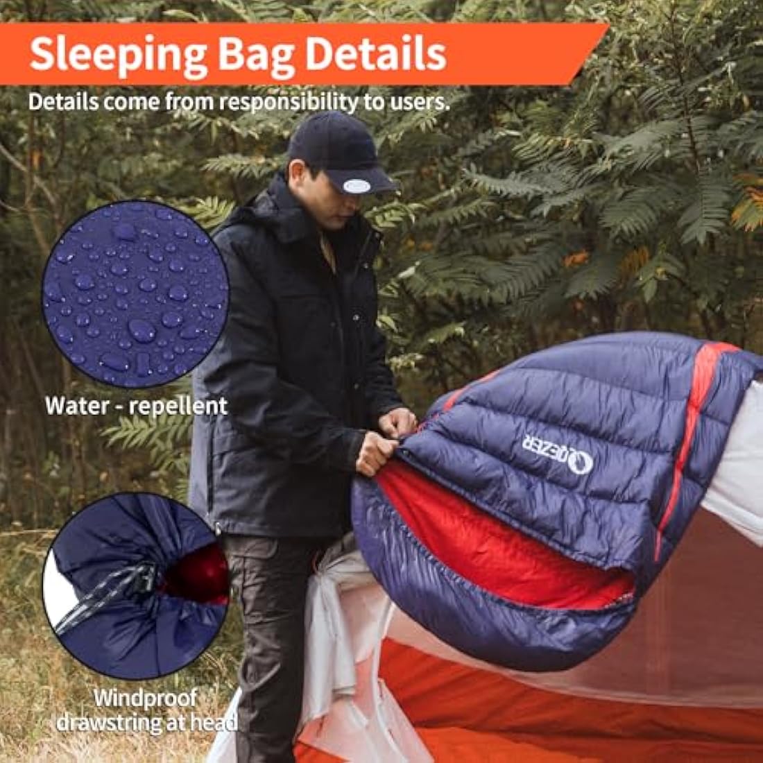 QEZER Down Sleeping Bag | Lightweight 4-Season Rectangular Nylon Bag