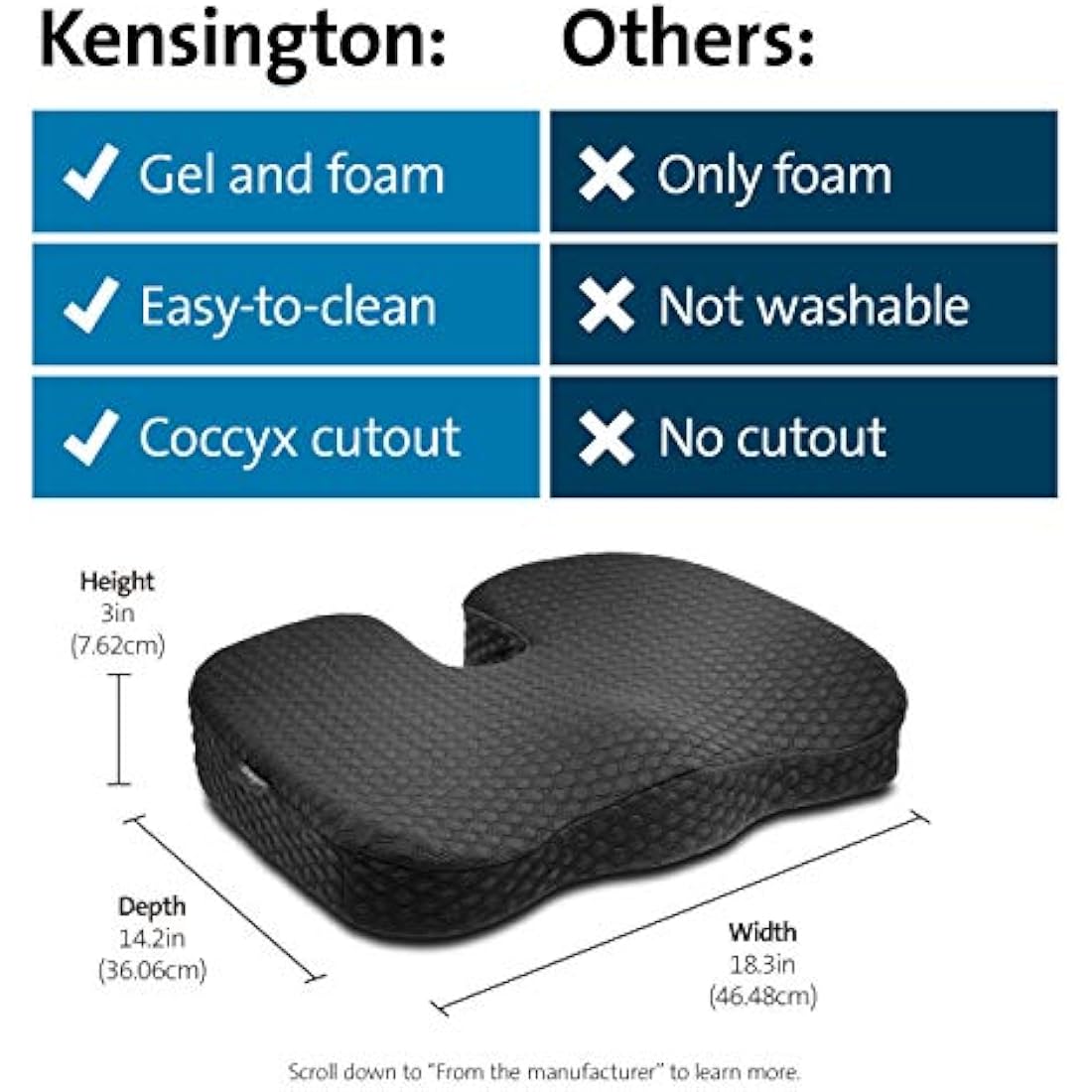Kensington Premium Cool-Gel Memory Foam Seat Cushion - Black