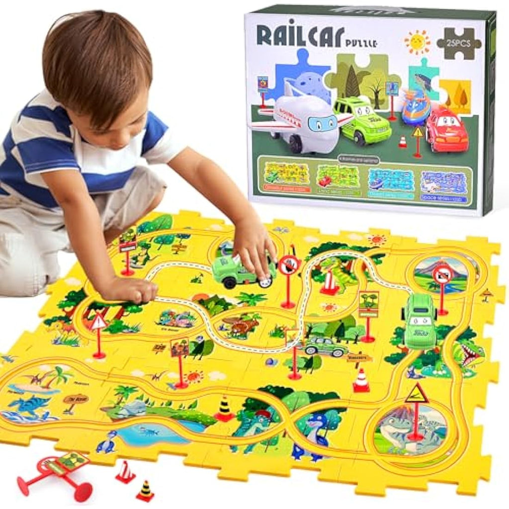 Pipihome Dinosaur Puzzle Track Car Set - DIY Electric Rail Building Toy