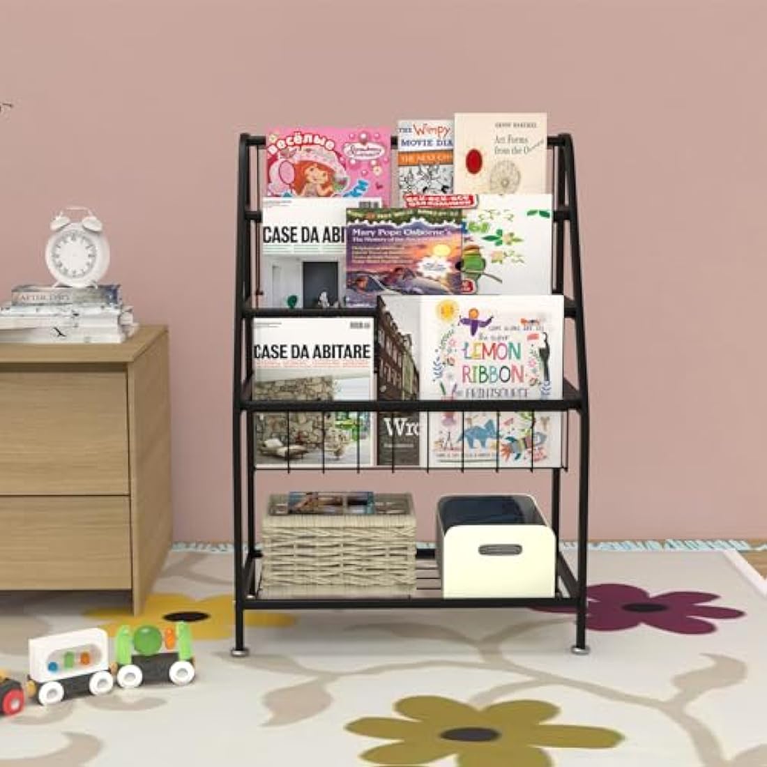 Huhote Kids Bookshelf – Metal Book and Toy Storage Organizer, Black