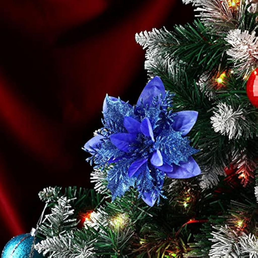 12Pcs Blue Glitter Artificial Poinsettia Christmas Flowers