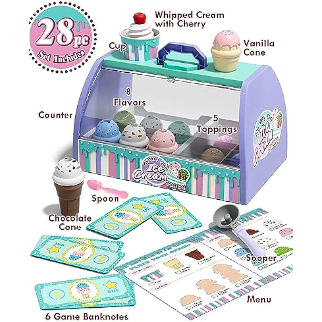 Lehoo Castle Ice Cream Toy Set - 28pc Pretend Play Food & Montessori Gift