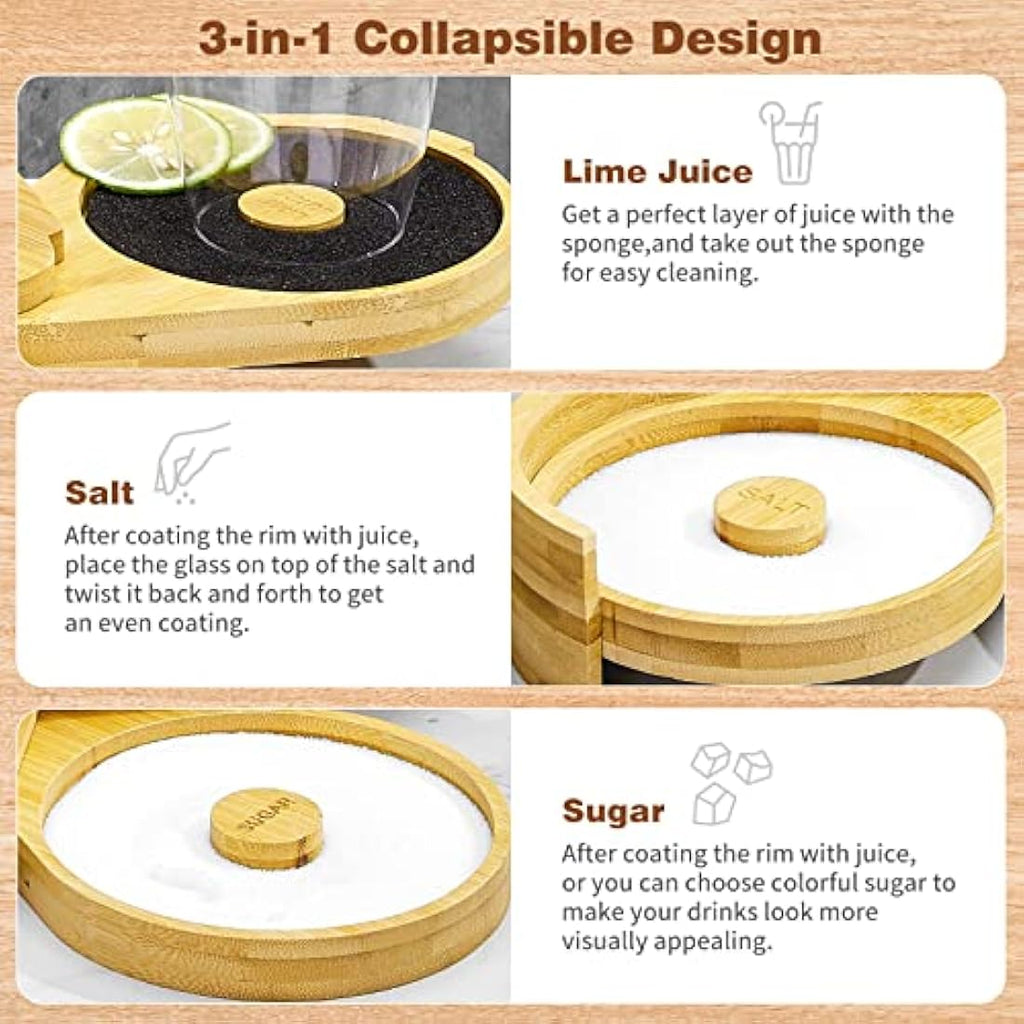 Jolof Store 3-Tier Bamboo Margarita Salt Rimmer Set for Cocktails