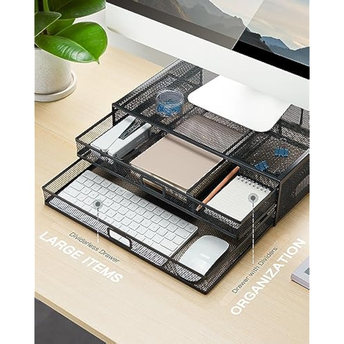 HUANUO Monitor Stand Riser with 2 Storage Drawers | Metal Mesh Desk Organizer