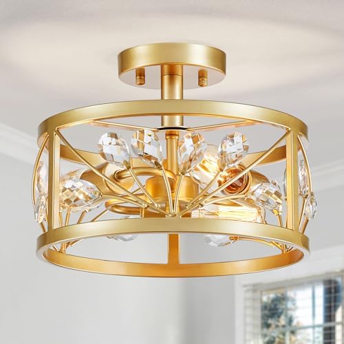Jolof Store Crystal Leaf Chandelier – Gold 3-Light Semi-Flush Mount Light