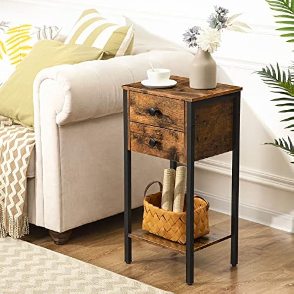 HOOBRO Tall Slim Bedside Table | 2-Drawer Industrial Side Table - Rustic Brown