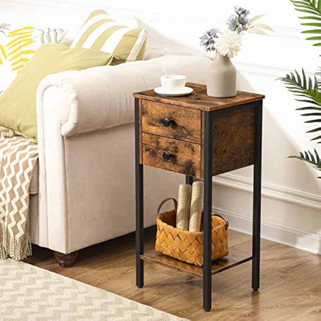 HOOBRO Tall Slim Bedside Table | 2-Drawer Industrial Side Table - Rustic Brown
