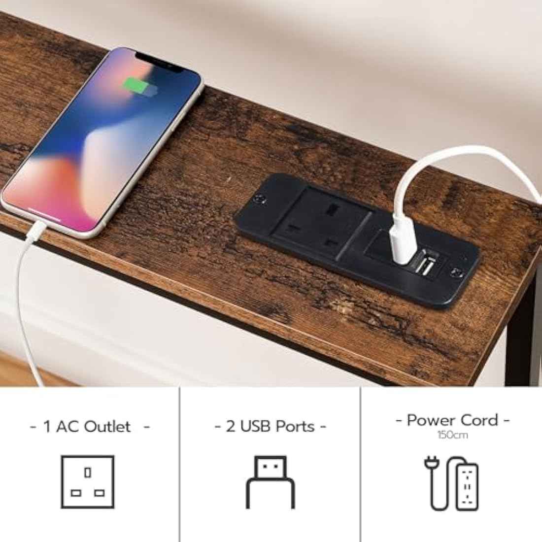 HOOBRO 160cm Narrow Console Table with Charging Station | Rustic Brown