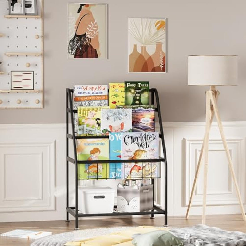 Huhote Kids Bookshelf – Metal Book and Toy Storage Organizer, Black