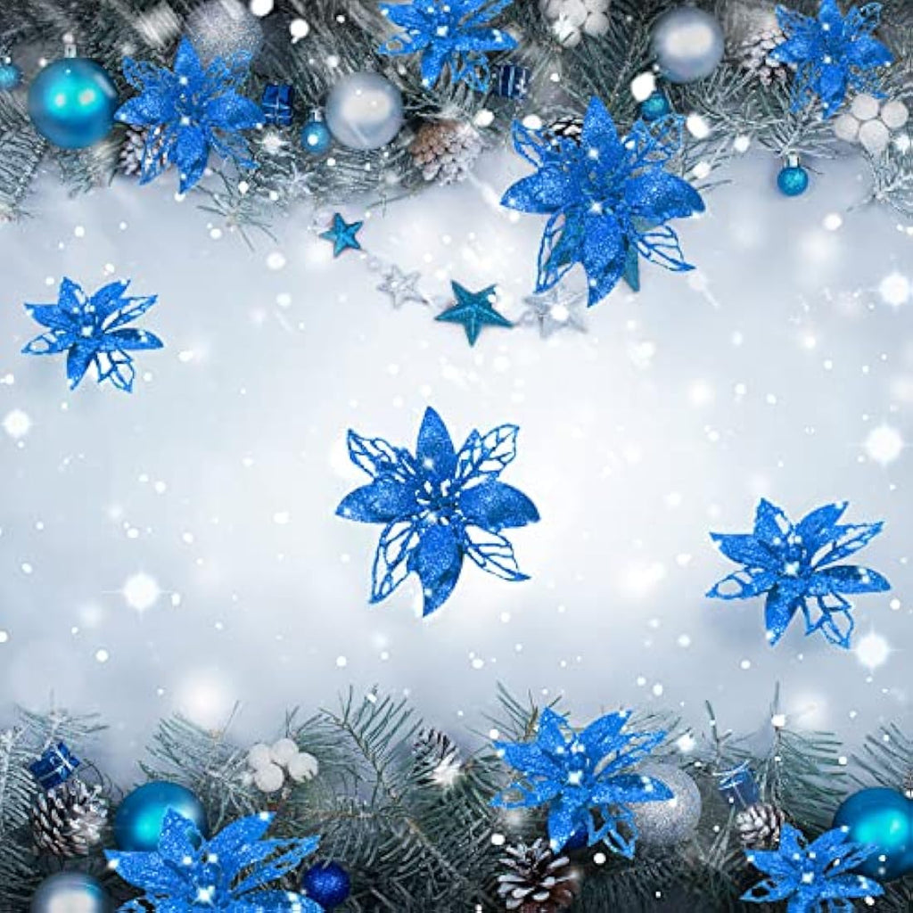 Blue Glitter Artificial Poinsettia Flowers - 24 Piece Set