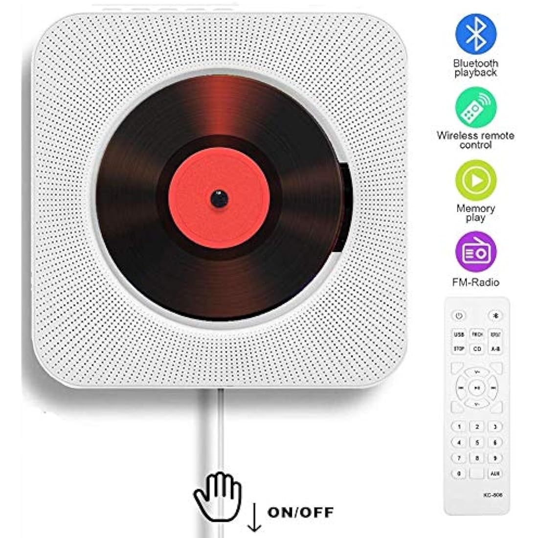 Adirigo Portable Bluetooth CD Player – Wall Mounted HiFi Home Audio (White)
