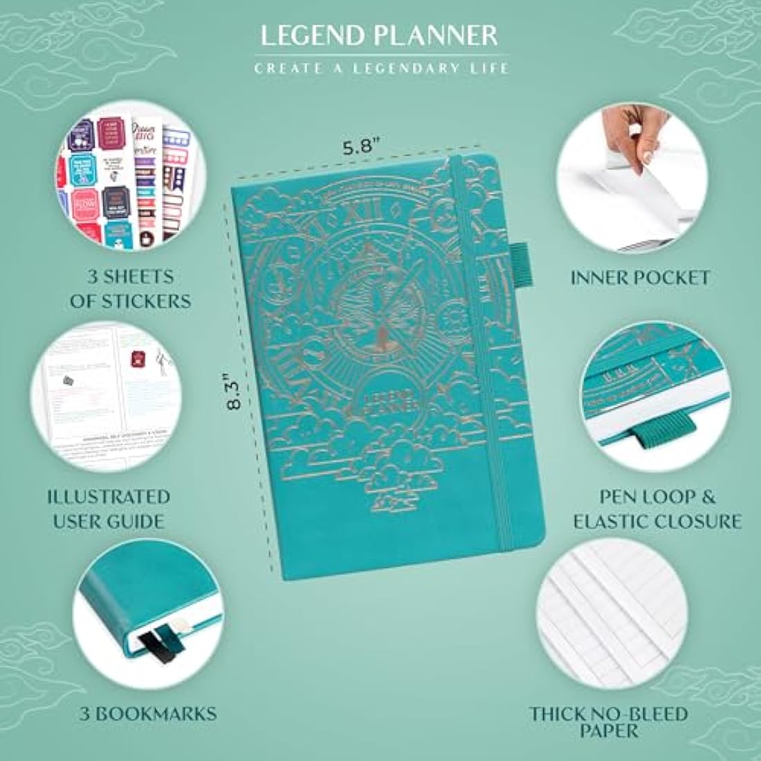 Legend Hourly Schedule Planner – Undated A5 Daily Organizer, Viridian Green