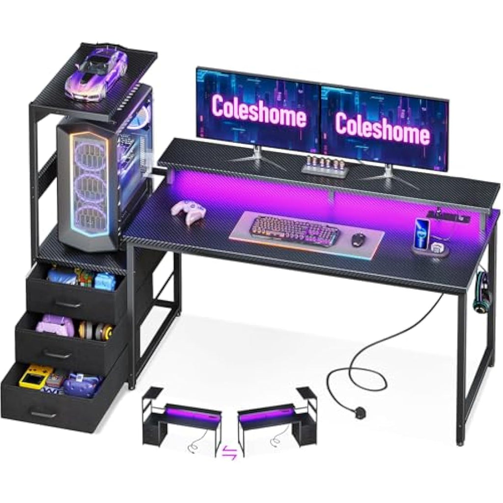 Coleshome Gaming Desk with LED Lights, Power Outlet & Drawers – 150cm