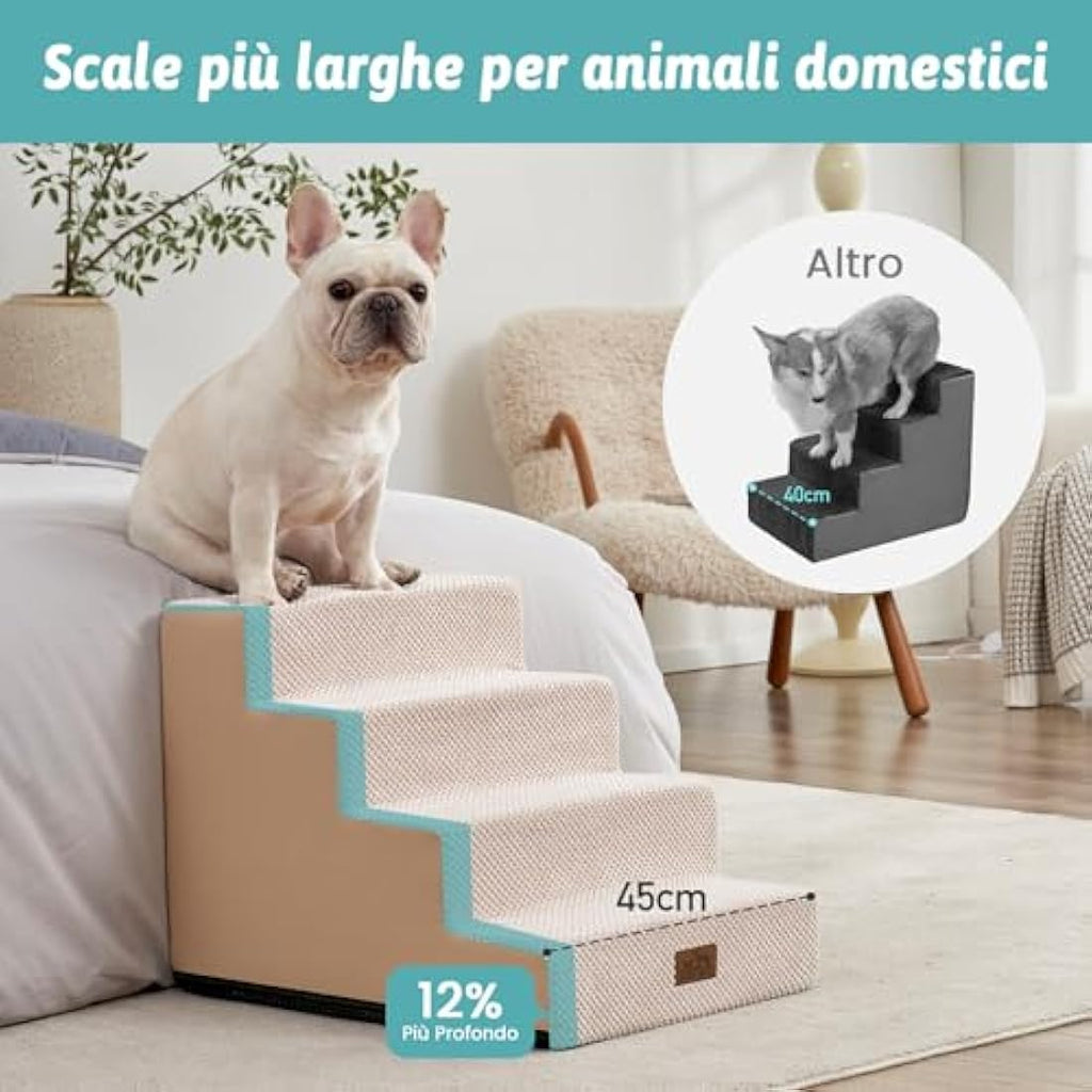 COZY KISS 4-Tier Wide Foam Dog Stairs – Non-Slip Pet Steps for Beds, Beige