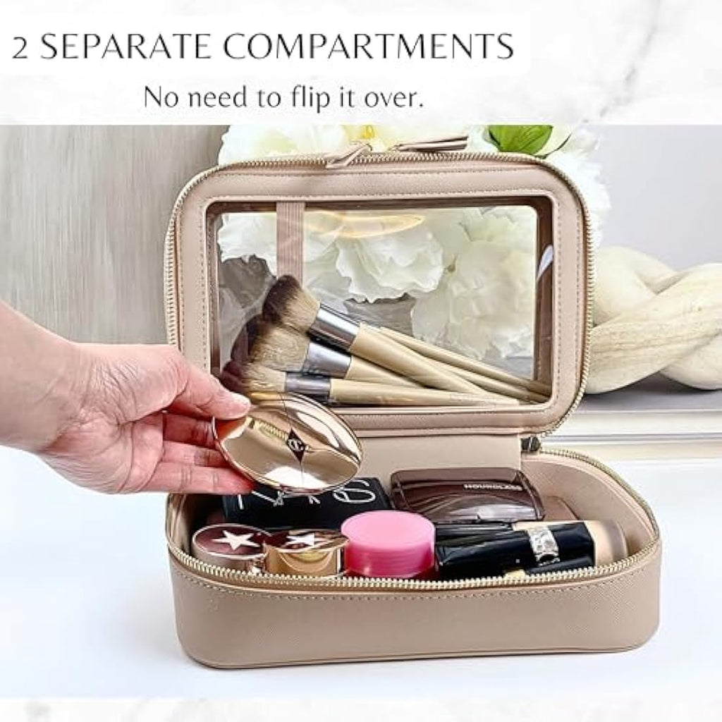 JAZD Clear Makeup Organizer | Large Travel Cosmetic Bag - Beige Saffiano