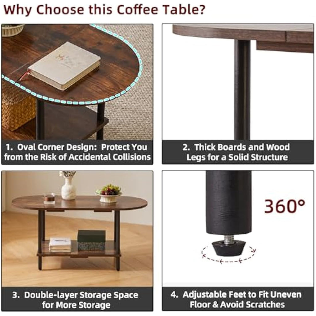 Aibiju 2-Tier Wooden Coffee Table – Oval Rustic Brown Living Room Table