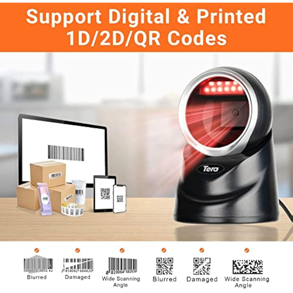 Tera 9100 2D QR Desktop Barcode Scanner – Handsfree Omnidirectional USB