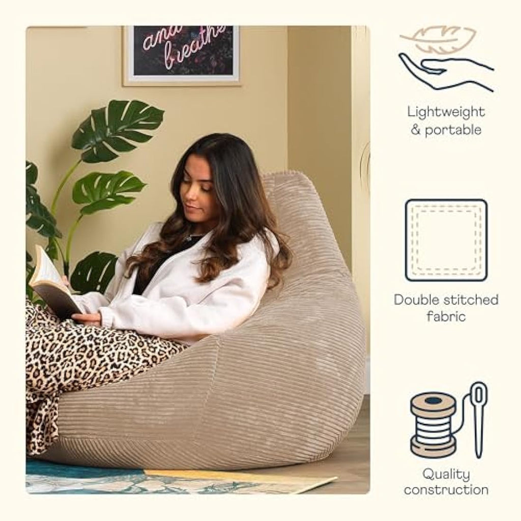 Icon Dalton Beige Corduroy Recliner Bean Bag Chair - Large Adult Size