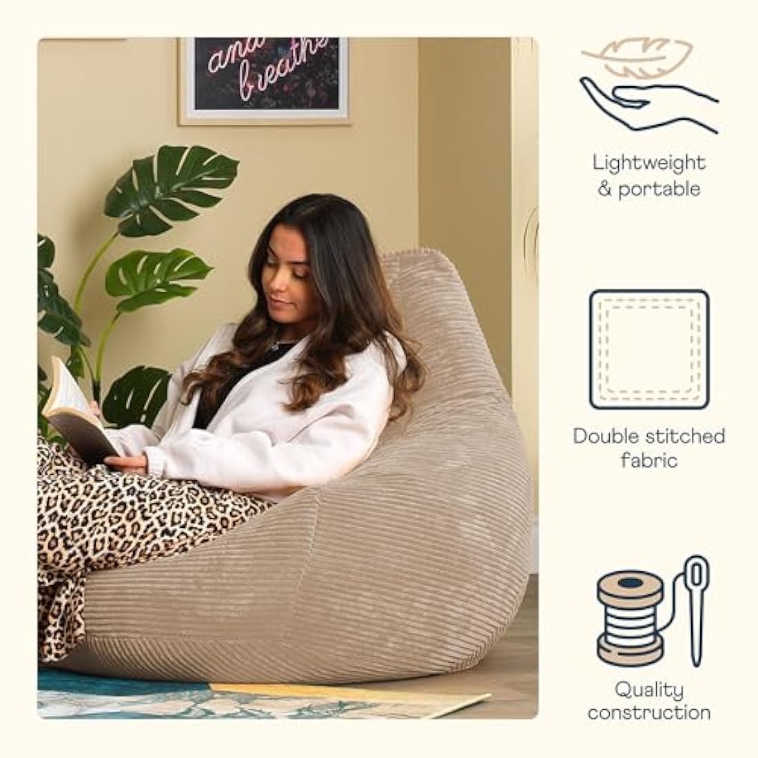 Icon Dalton Beige Corduroy Recliner Bean Bag Chair - Large Adult Size