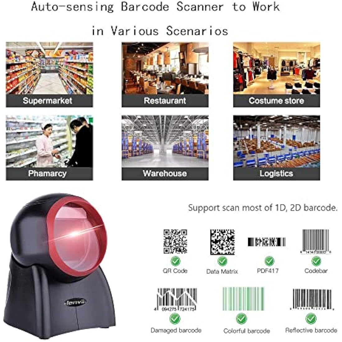 LENVII Desktop 2D Barcode Scanner | Handsfree QR Code Reader for POS