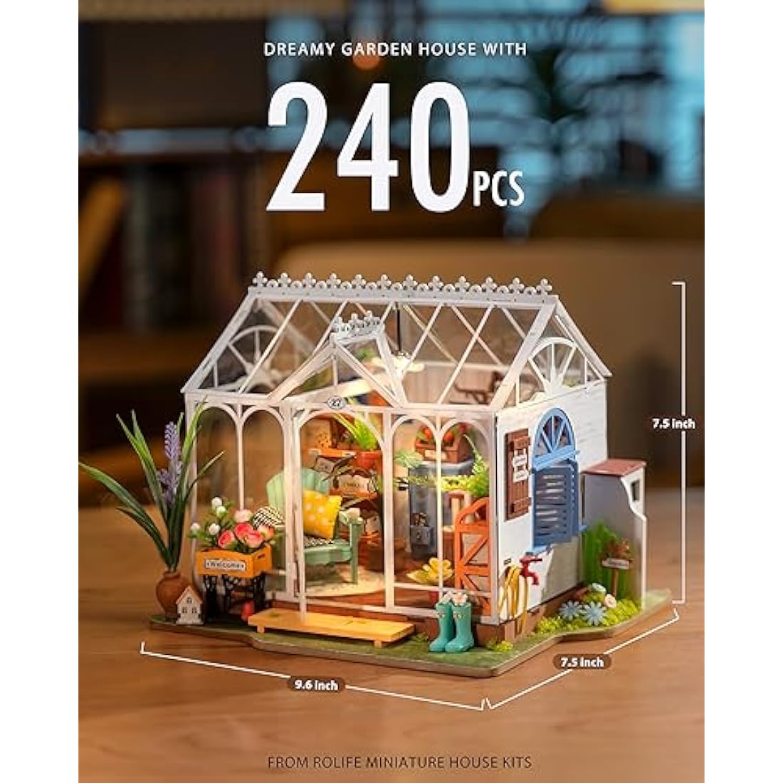 Robotime DIY Miniature Garden House Kit | Wooden Dollhouse with LED Light