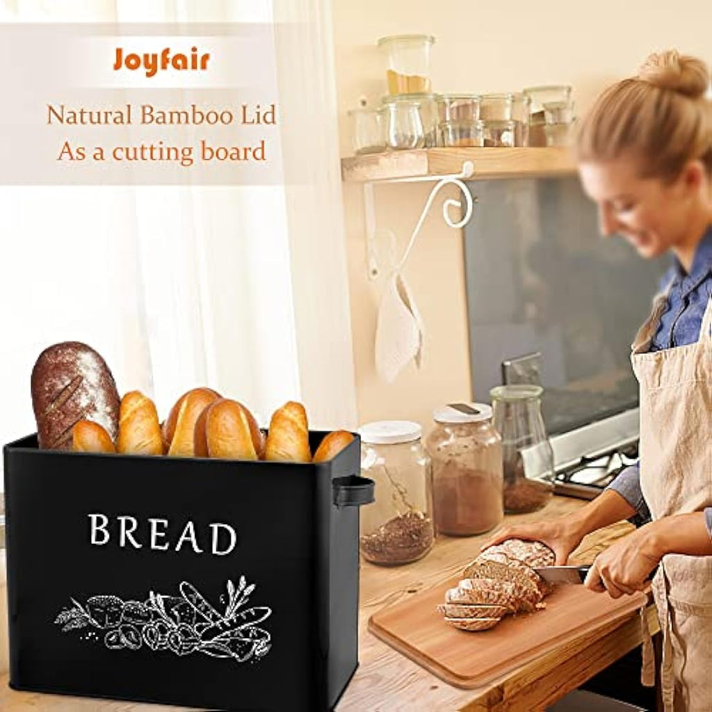 Joyfair Metal Bread Bin with Bamboo Cutting Board Lid – Large Black Box