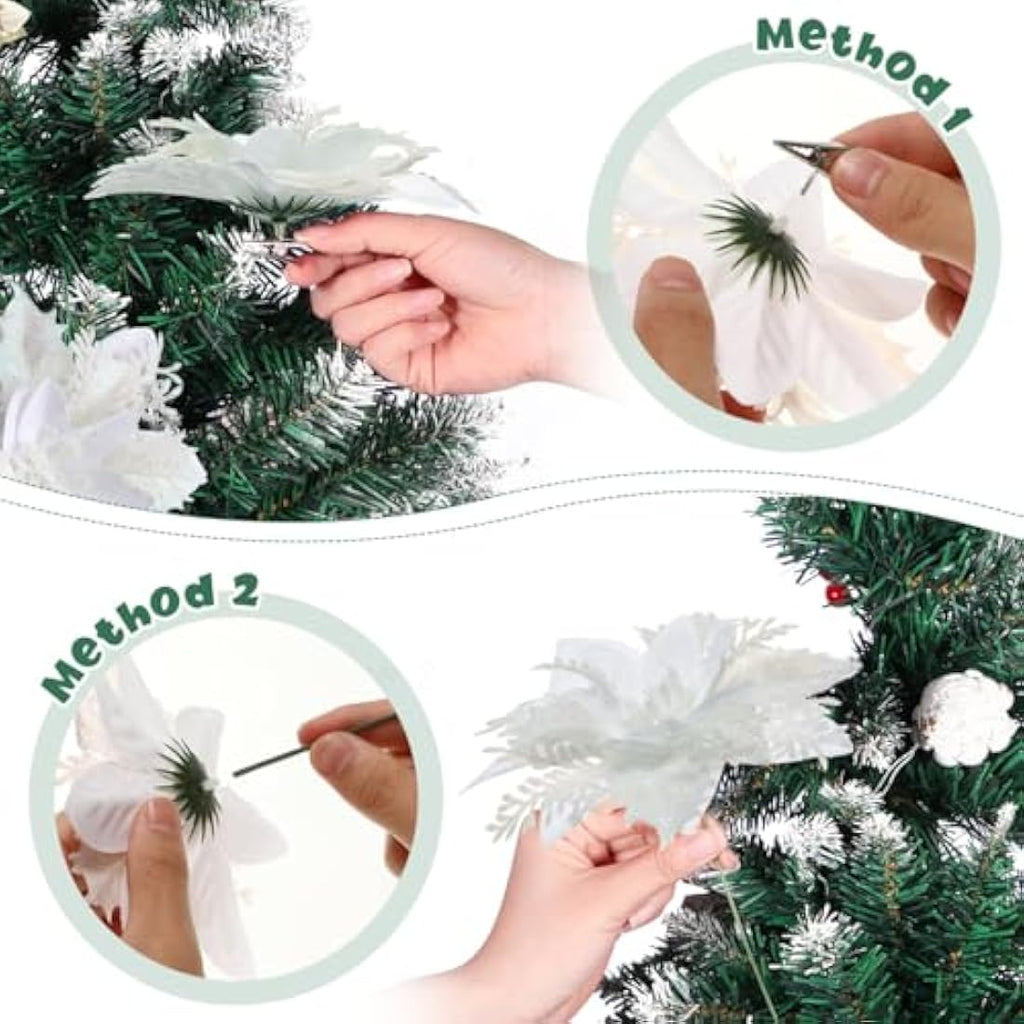 12Pcs White Glitter Poinsettia Artificial Christmas Flowers