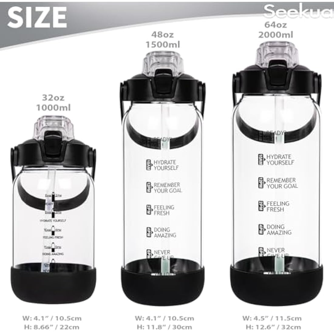 Seekua 2L Glass Water Bottle with Straw | Motivational Time Markings