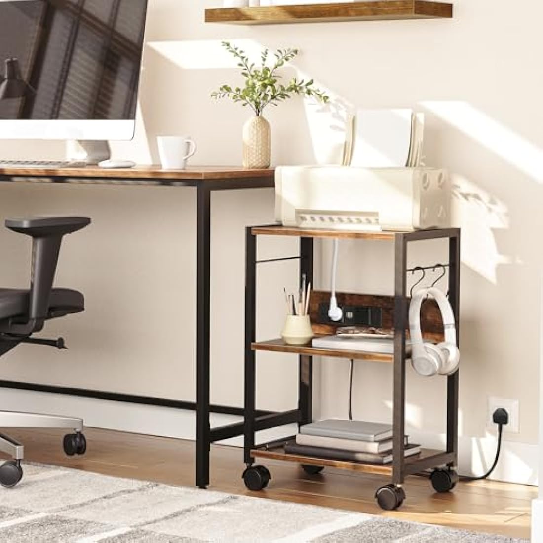 MAHANCRIS 3-Tier Printer Stand with Power Outlets - Rustic Brown