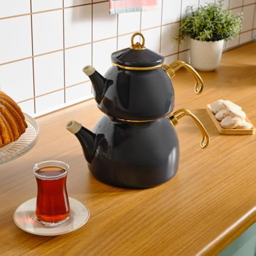 Karaca Retro Enamel Teapot and Kettle Set - Anthracite - Induction Safe