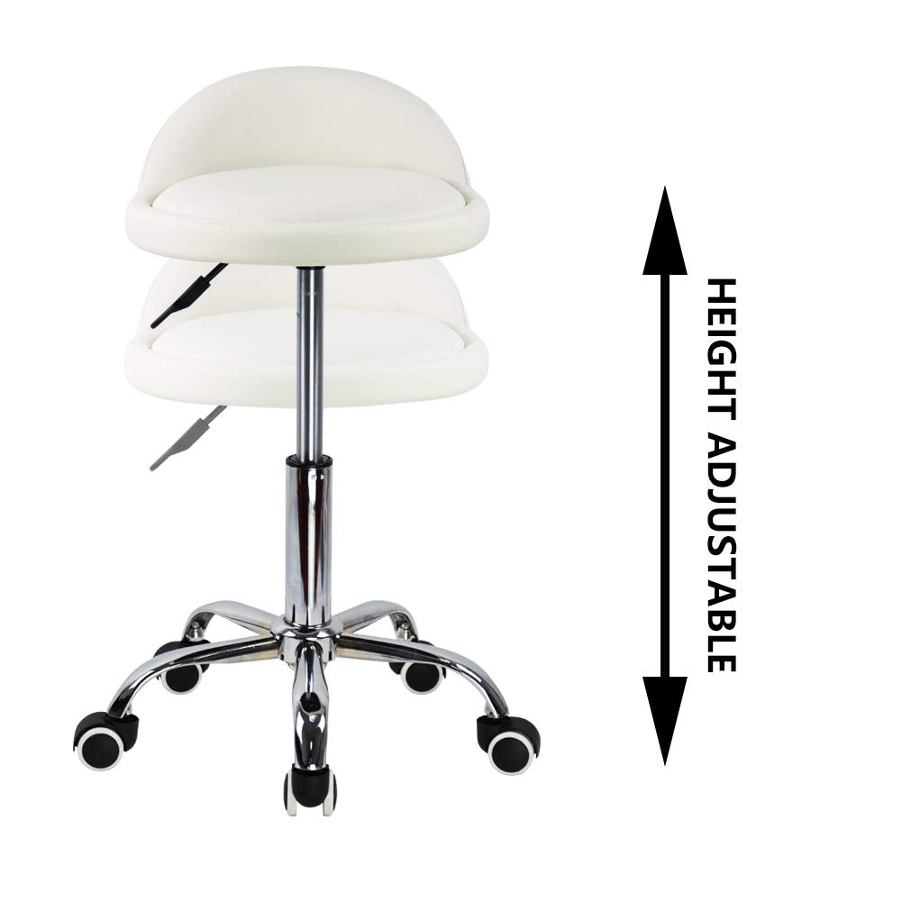 KKTONER PU Leather Rolling Stool with Backrest - White Swivel Chair