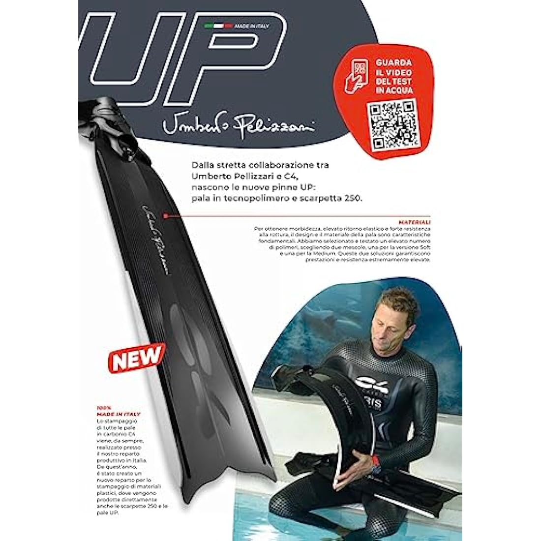C4 Umberto Pelizzari Freediving Fins – Technopolymer Blade with 250 Foot Pocket