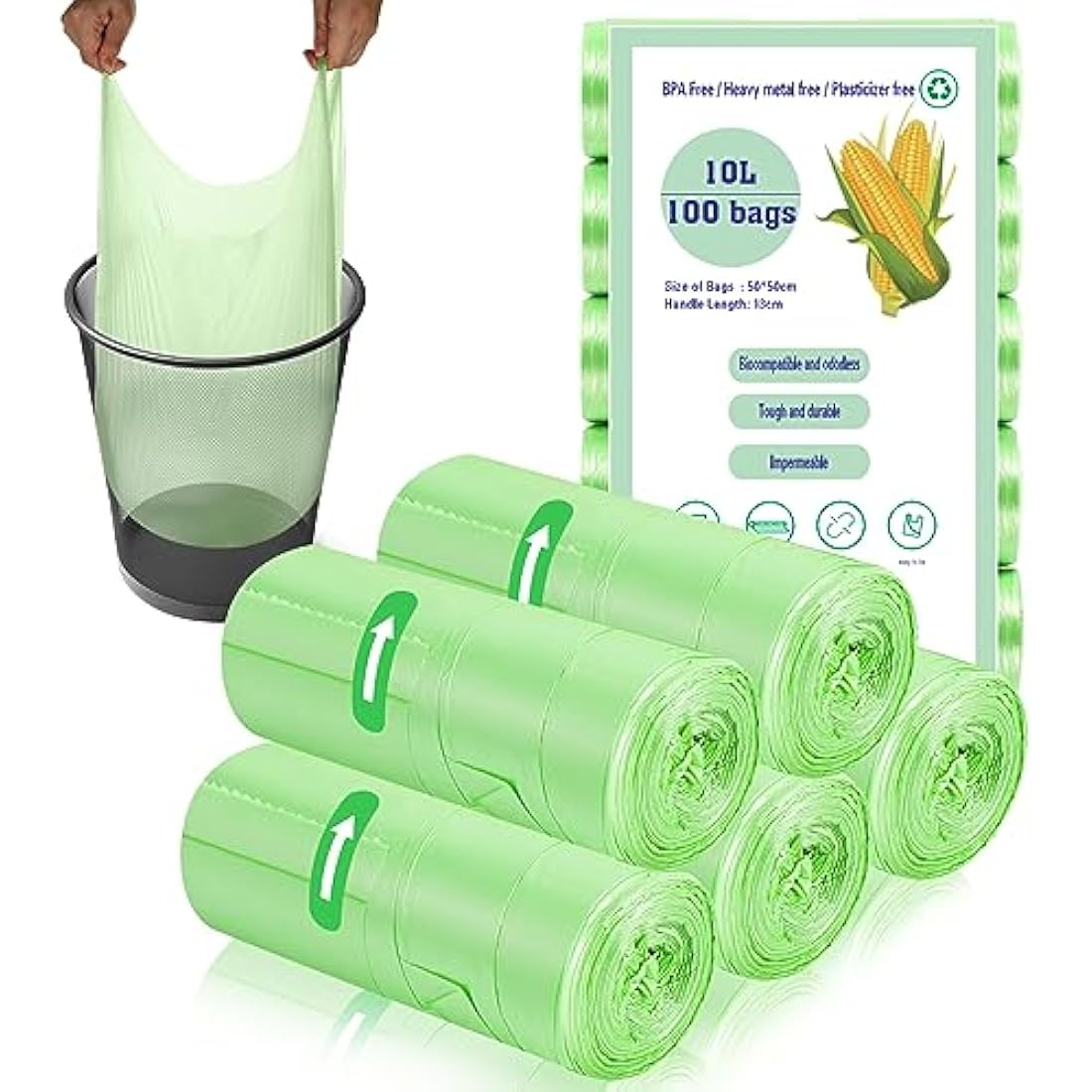 Jolof Store 10L Green Bin Bags | 100 Pack Food Waste Liners with Handles