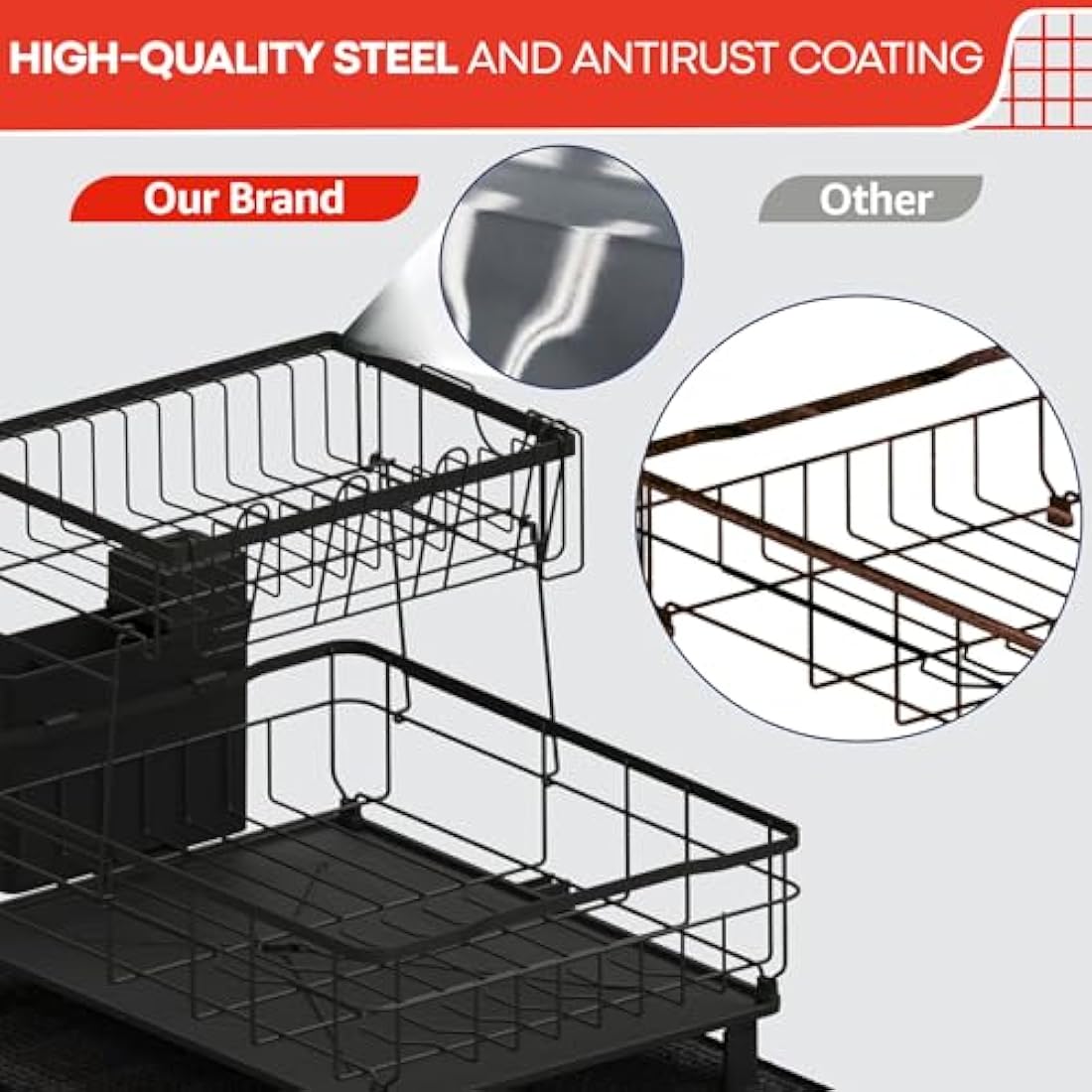 RebelEver 2-Tier Dish Drying Rack – Rustproof Carbon Steel Sink Drainer
