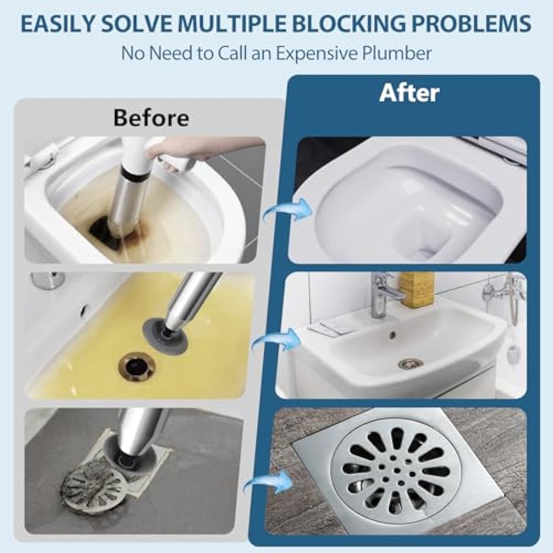 inShareplus High Pressure Toilet Plunger – Stainless Steel Drain Unblocker