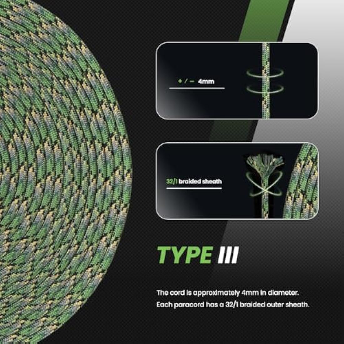 Abma Cord 4mm Nylon Paracord – 9 Strand Type III Rope, 100m Jager Camo