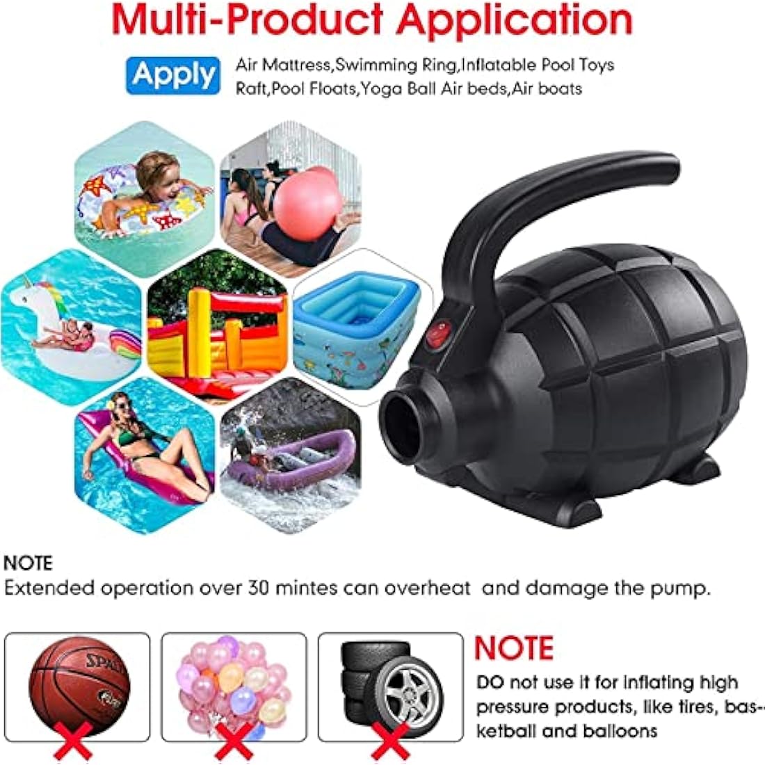 PPXIA Electric Air Pump – 500W Portable Quick-Fill Inflator with 4 Nozzles