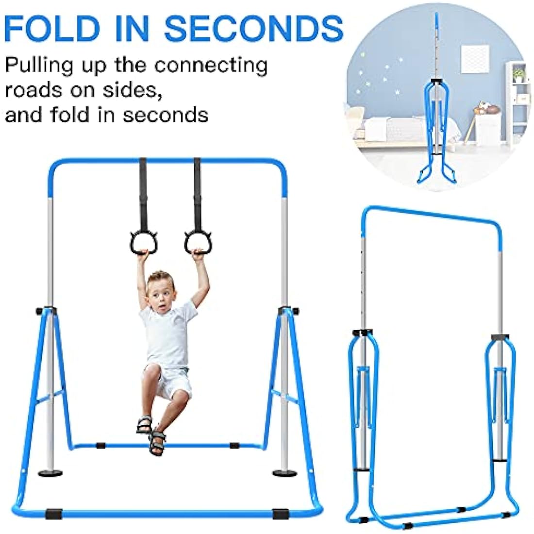 EVERYMILE Gymnastics Bar – Adjustable Folding Kip Bar with Rings for Kids