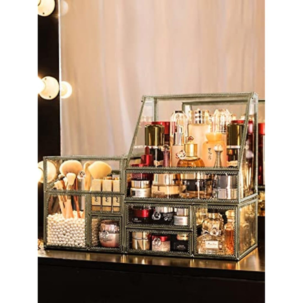 Hersoo Glass Makeup Organizer – Antique Brass Stackable Cosmetic Storage