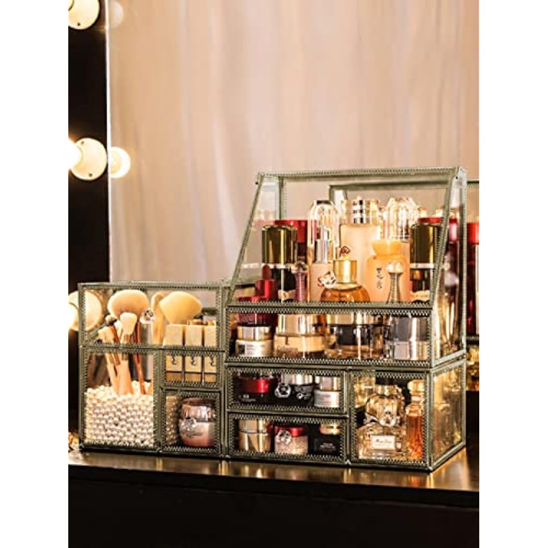 Hersoo Glass Makeup Organizer – Antique Brass Stackable Cosmetic Storage